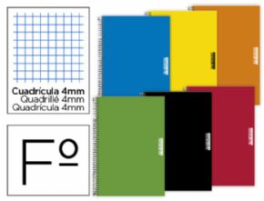 Cuaderno espiral papercop folio tapa extradura 80 hojas cuadro 4 mm con margen 70 gr colores surtidos.