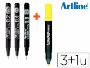 Rotulador artline comic pen calibrado micrometrico negro bolsa de 3 uds 0,2 0,4 0,8 + fluorescente 660.