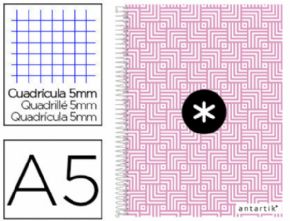 Cuaderno espiral liderpapel a5 micro antartik tapa forrada120h 100 gr cuadro 5mm 5 banda6 taladros trending rosa.