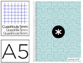 Cuaderno espiral liderpapel a5 micro antartik tapa forrada120h 100 gr cuadro 5mm 5 banda6 taladros trending turquesa.