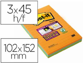 BLOC DE NOTAS ADHESIVAS QUITA Y PON POST-IT SUPER STICKY NEON RAYADO 102X152 MM PACK DE 3 UNIDADES COLORES