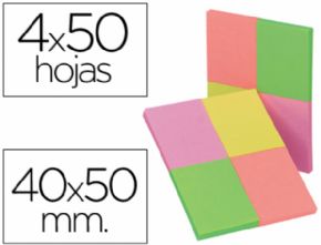 BLOC DE NOTAS ADHESIVAS QUITA Y PON Q-CONNECT 40X50 MM CON 50 HOJAS FLUORESCENTES PACK DE 4 UNIDADES